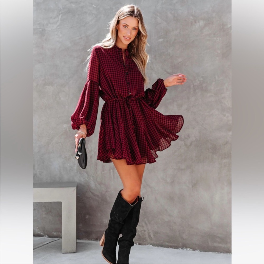 Vici Burgundy Plaid Mini Dress